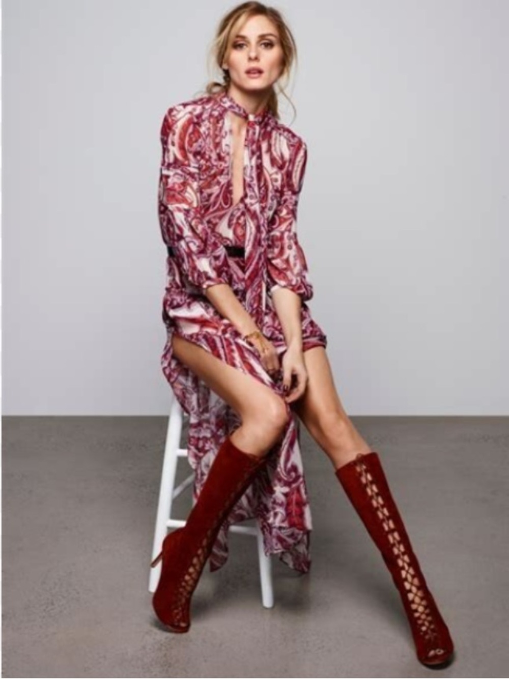 Olivia Palermo Paisley Tie-Neck Maxi Dress in Burgundy